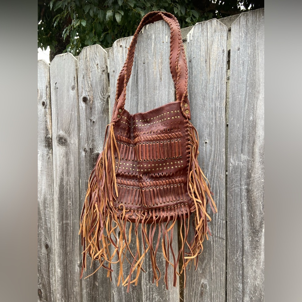 Brown leather boho fringe bag / tote